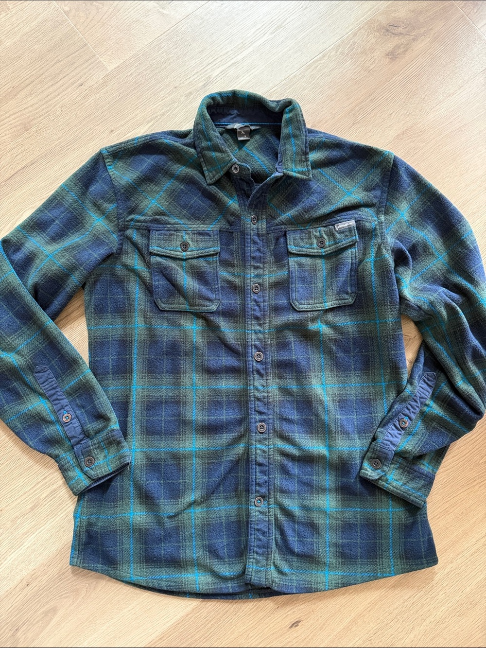 Eddie Bauer Green and Blue Plaid Button-Down Fleece Shirt